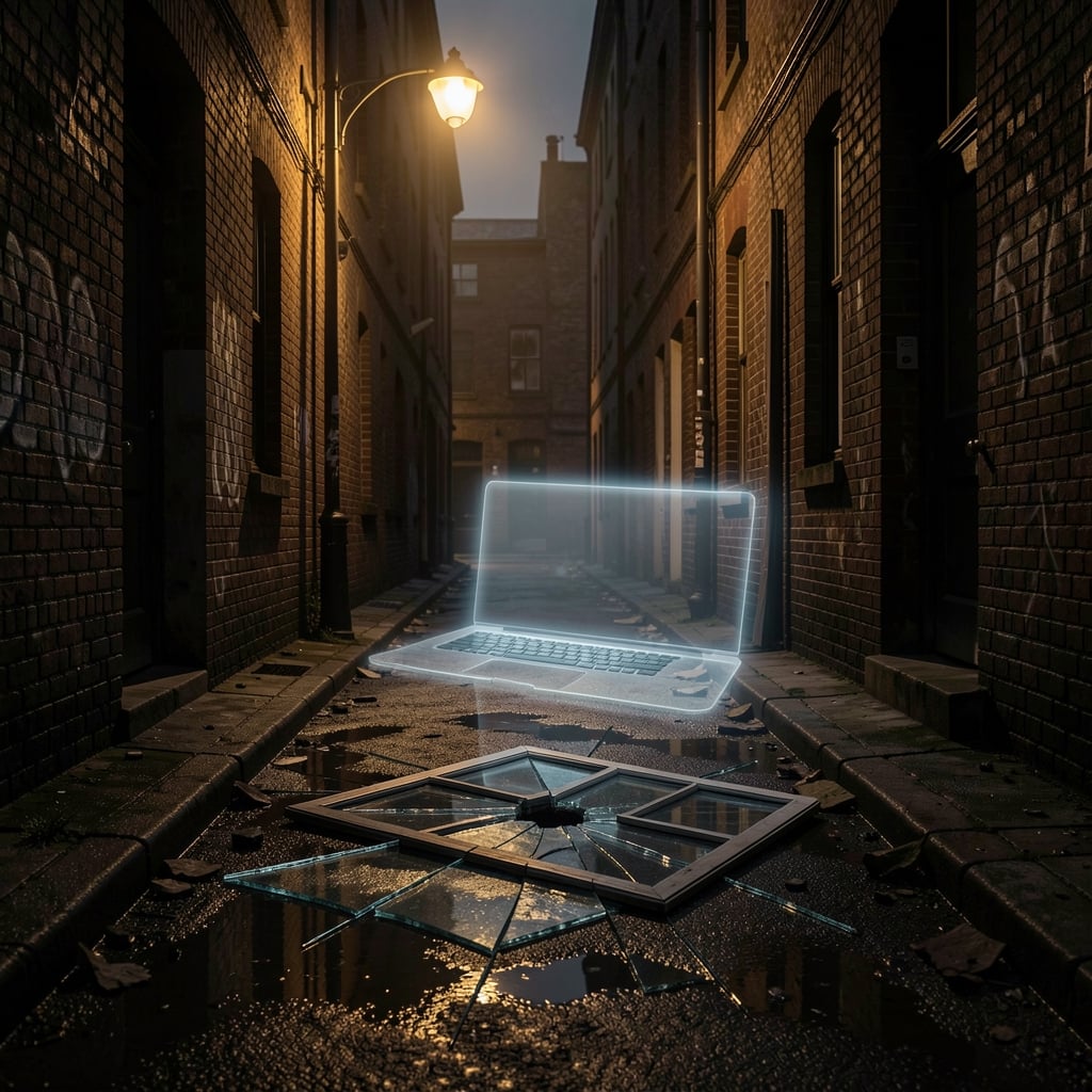 Dimly lit alleyway with shattered windowpane, symbolizing vulnerability and exploitation.