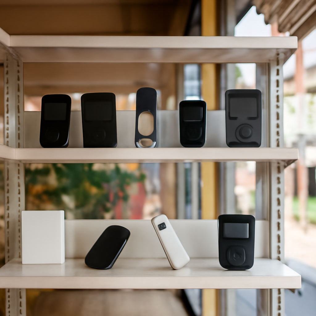 Hardware wallets and devices on display in a brightly-lit retail shelf with one item slightly askew.