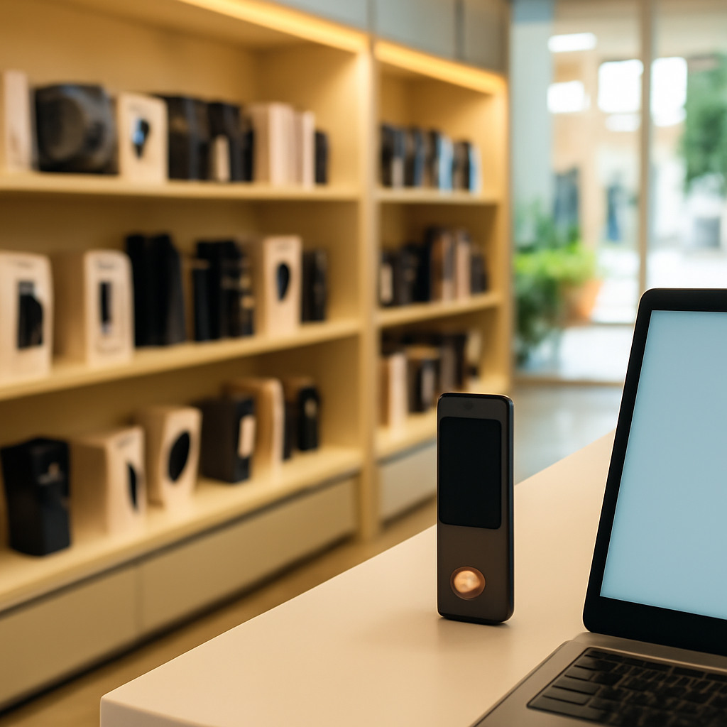 Cryptocurrency hardware wallets on store shelves and a single wallet on a counter.