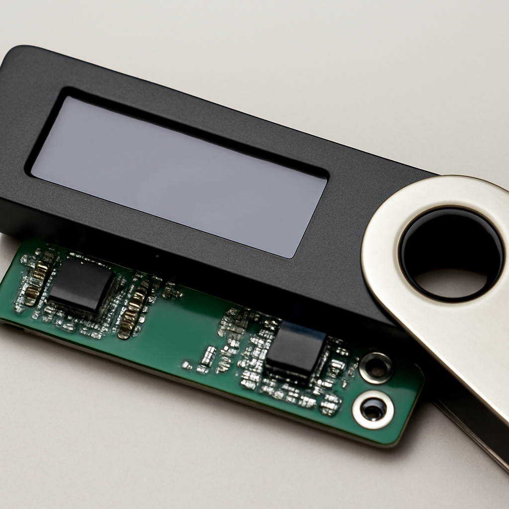 Close-up of open crypto hardware wallet with internal components exposed, revealing small unauthorized implant.