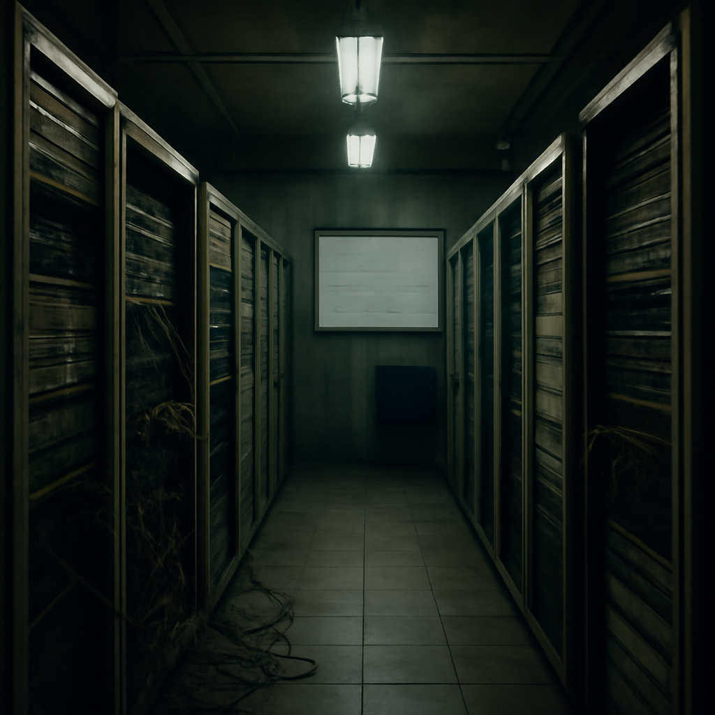 Dimly lit server room with outdated equipment and exposed cables.