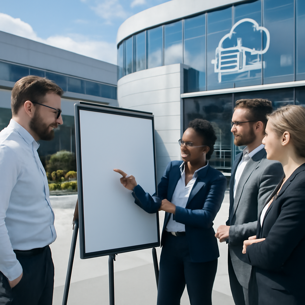 Professionals gather in front of a futuristic data center at a tech company headquarters.