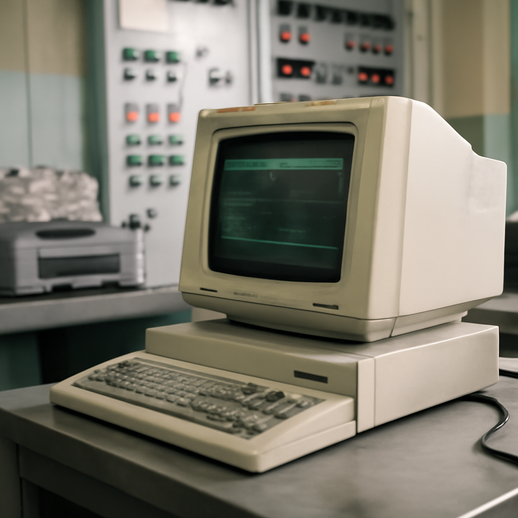Outdated computer equipment sits alongside modern technology in a dimly lit factory room.