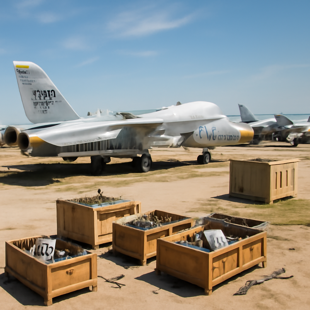 F-14 Tomcat aircraft in storage at a US Navy facility with spare parts crates nearby.