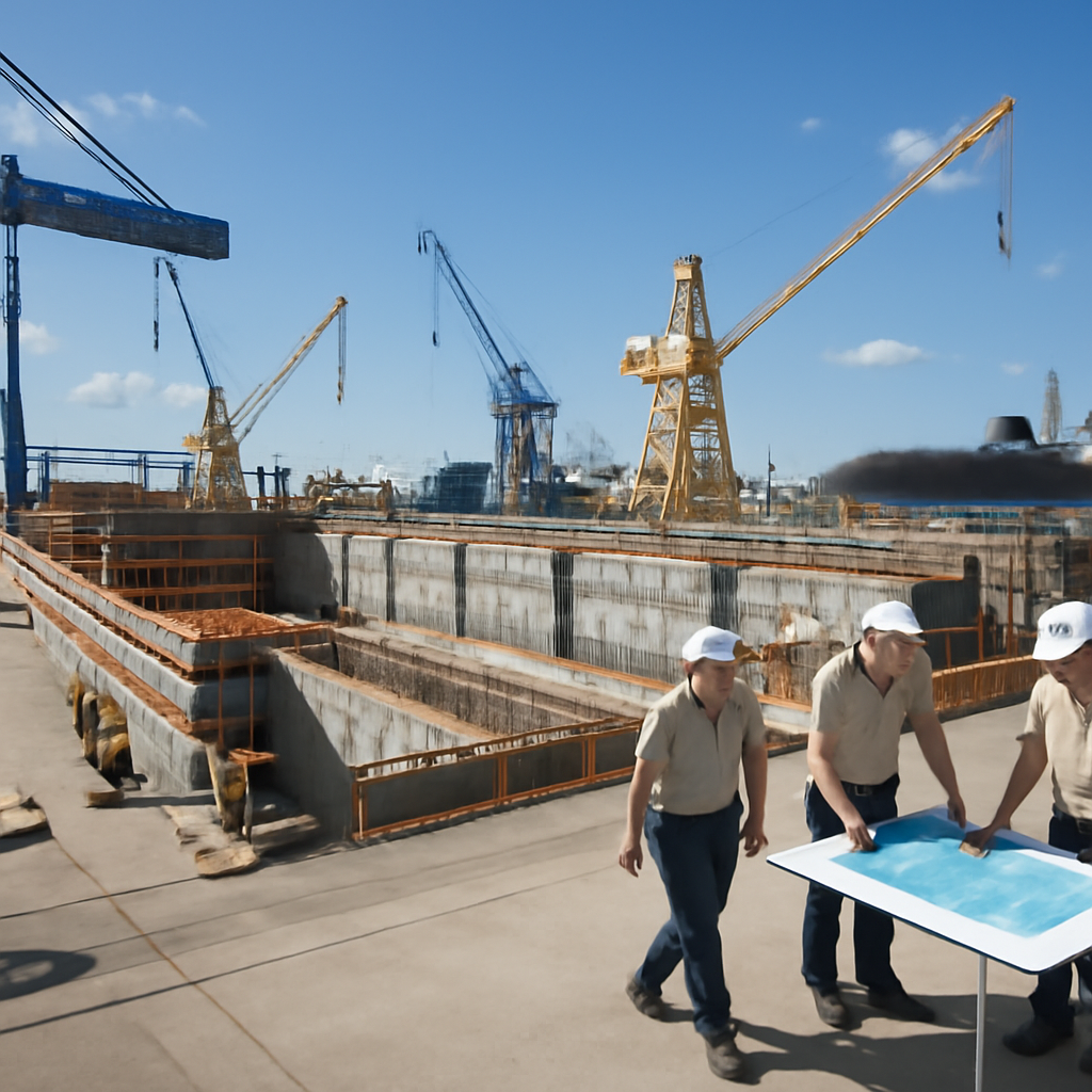 Construction site with partial dry dock, cranes, and officials in background.