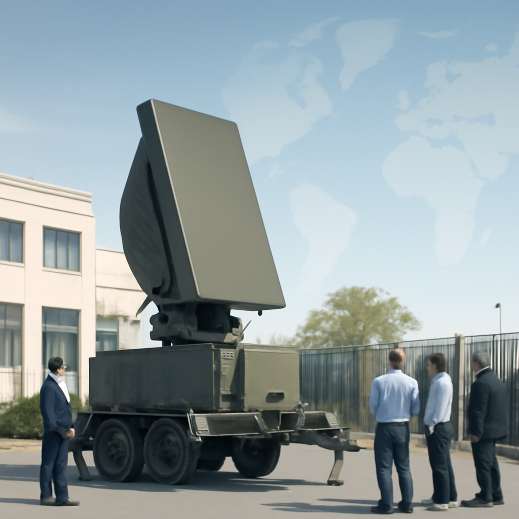Mobile radar system on a truck in front of a defense facility with a world map backdrop.