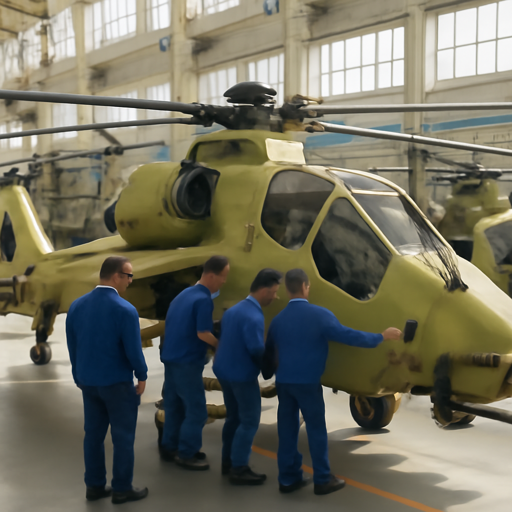 Technicians gather around a partially assembled helicopter at a production hangar.