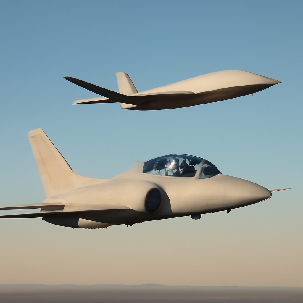 Manned and unmanned aircraft fly in close formation against a blue sky.