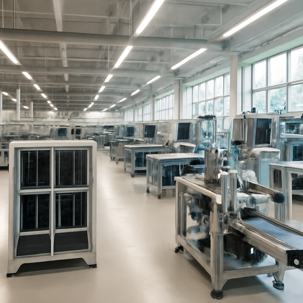 Modern industrial facility interior with workstations, equipment, and production components.
