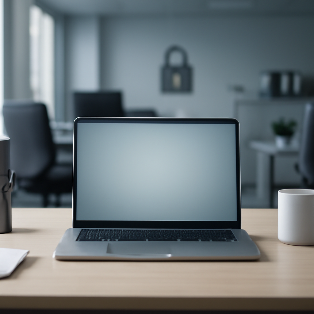 A laptop sits on a minimalist desk in a brightly-lit corporate office setting.