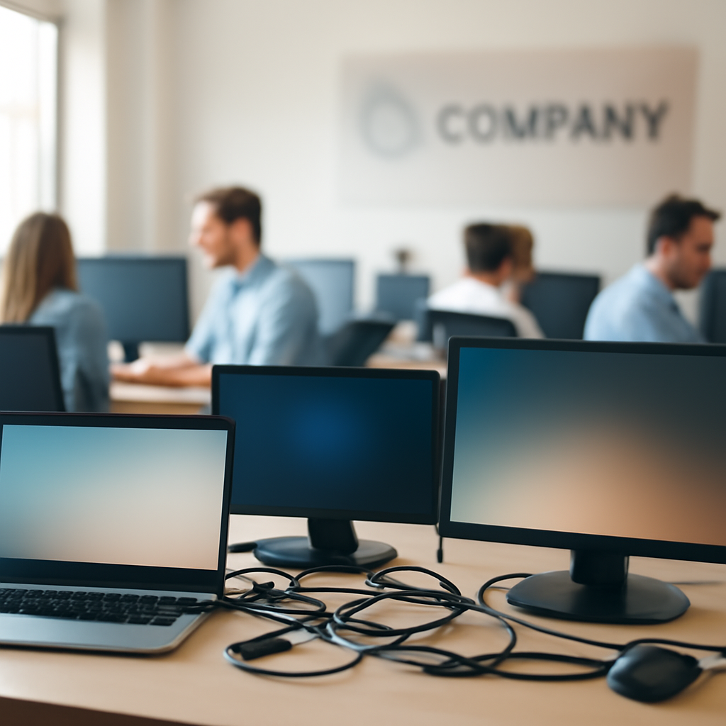 Business office setting with computers on a desk and employees in the background.