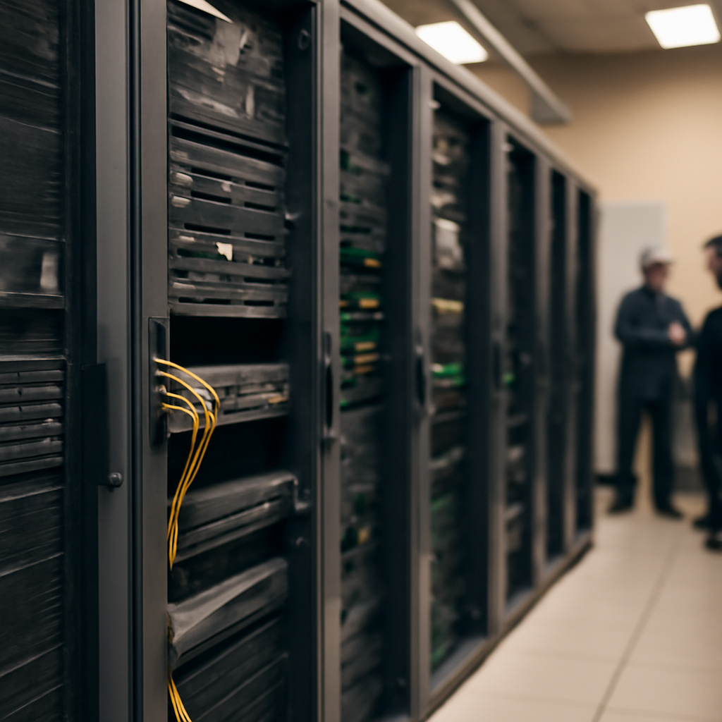 Rows of servers and computer equipment in a data center interior.