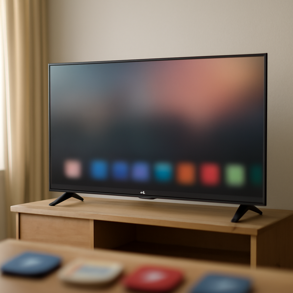 LG smart TV on in a living room with scattered app icons and remotes nearby.