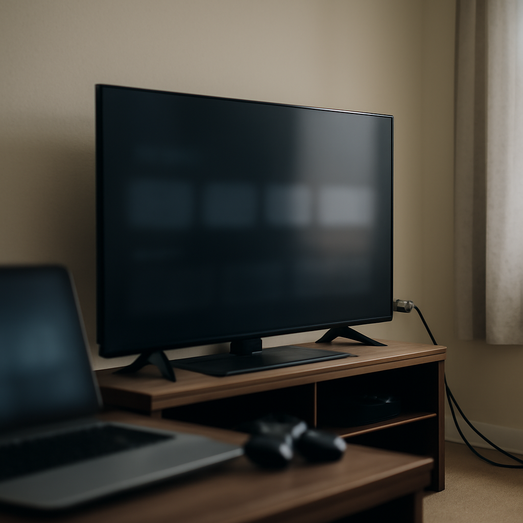 Smart TV on an entertainment center with cords trailing to a wall outlet.