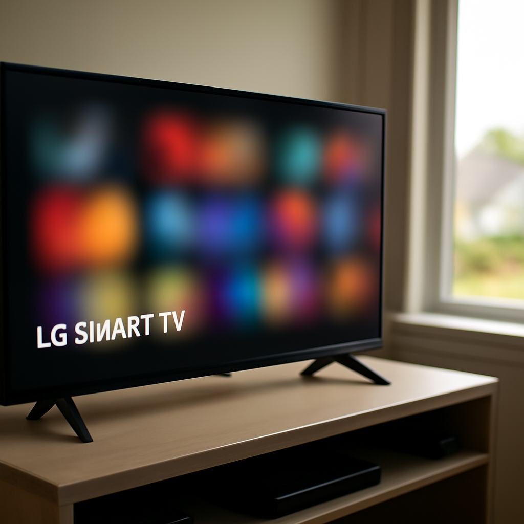 LG Smart TV on an entertainment center with blurred interface and suburban view.