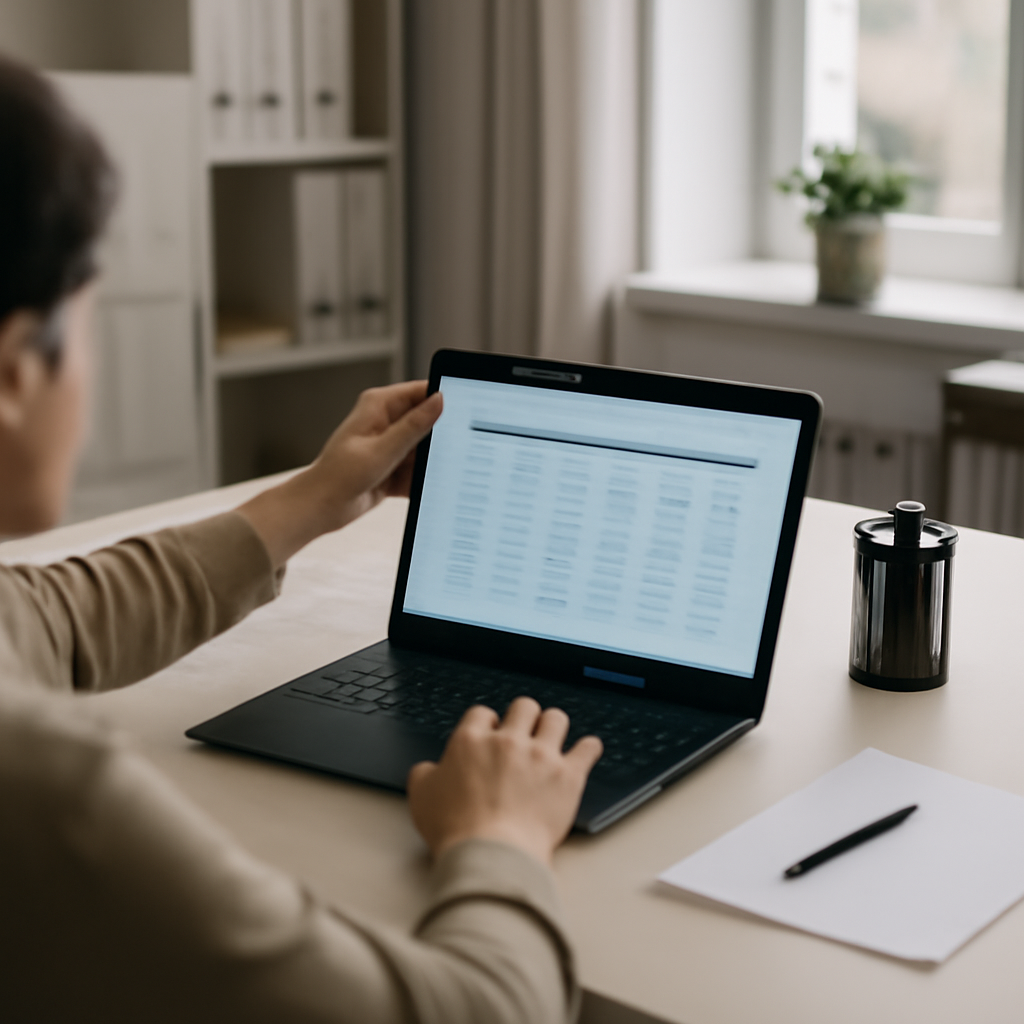 Person working at desk with laptop showing a spreadsheet in a brightly-lit office setting.