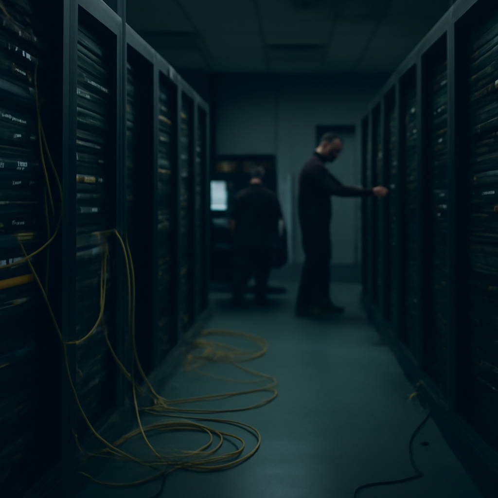 Technicians work in a dimly lit server room with rows of rack-mounted equipment and cables on the floor.