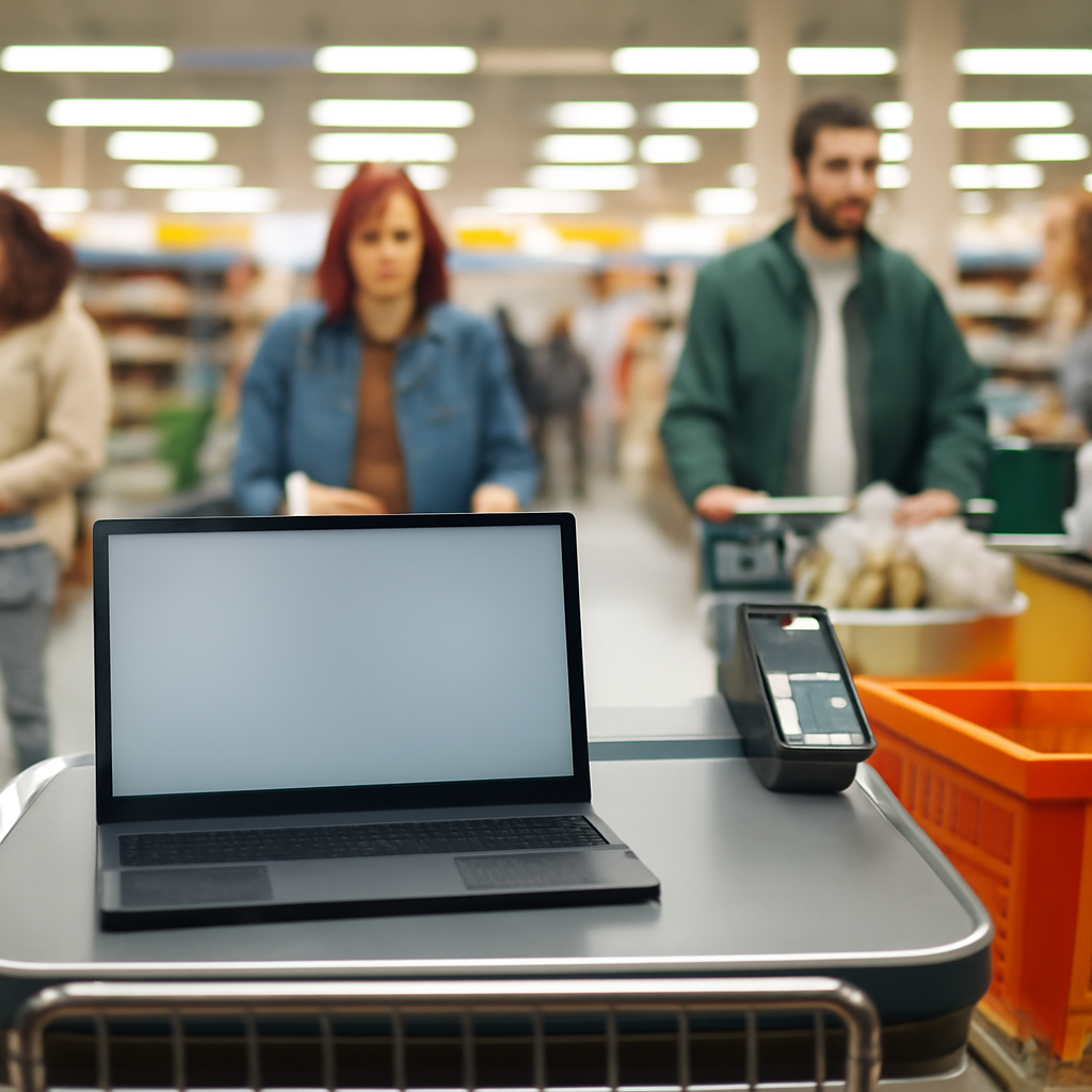 Supermarket checkout area with laptop on counter and shopping cart nearby.