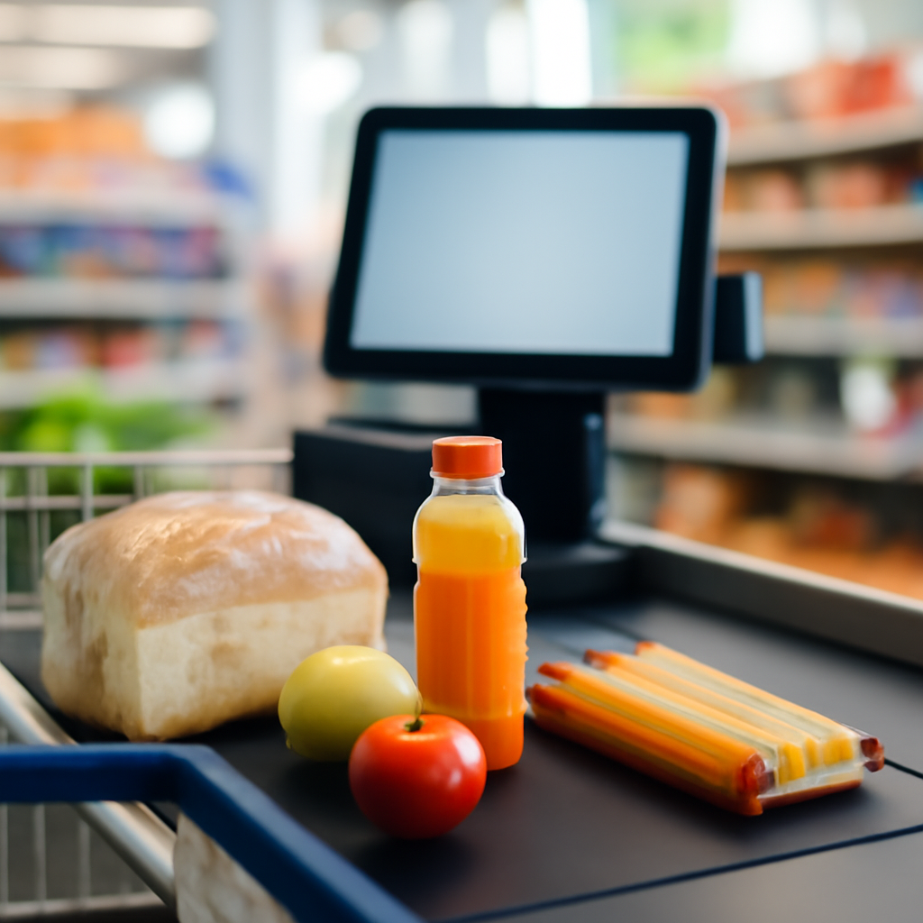 Supermarket checkout area with scattered shopping items and a blurred point-of-sale terminal.