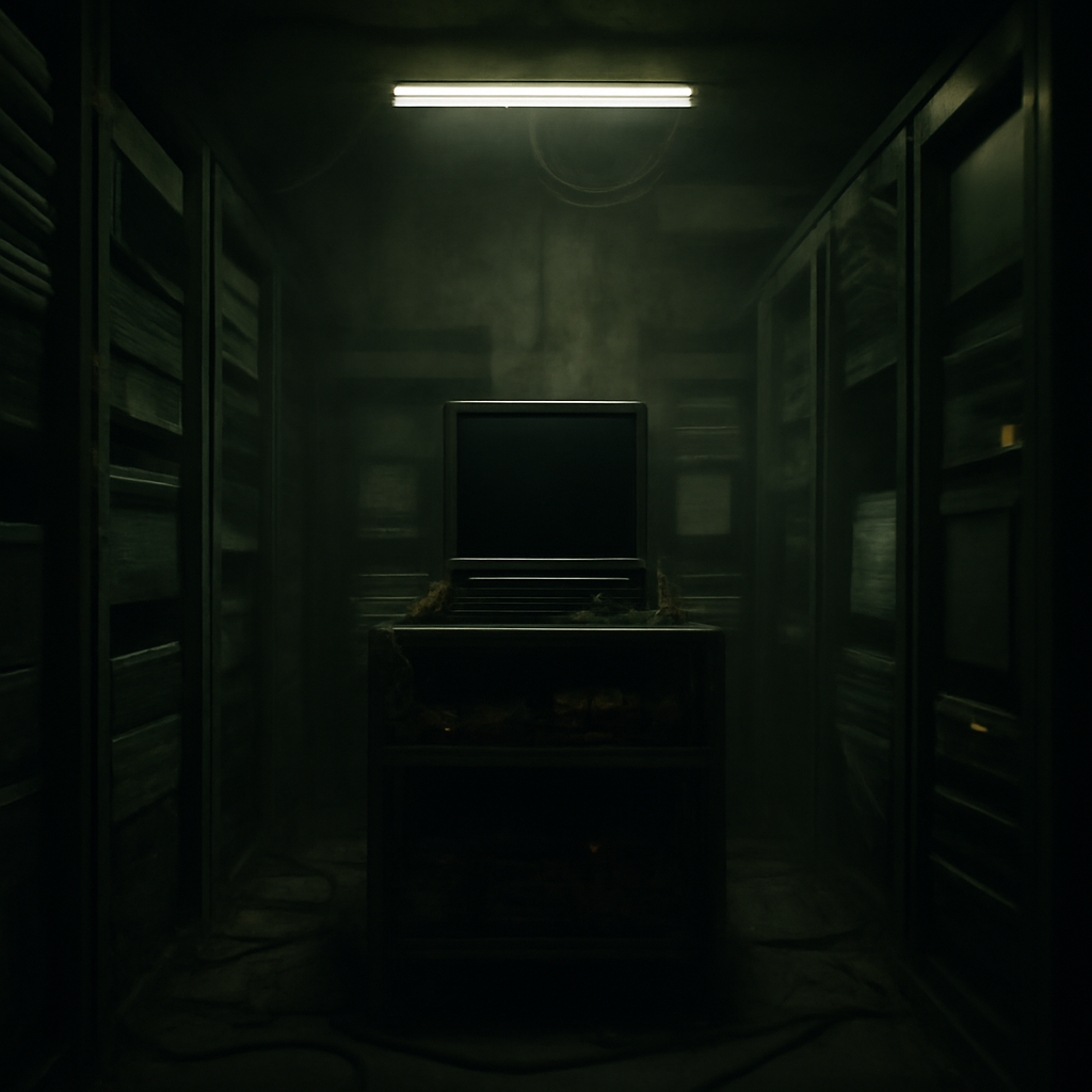 Dusty server room with Linux server at center, surrounded by cables and equipment under flickering fluorescent light.