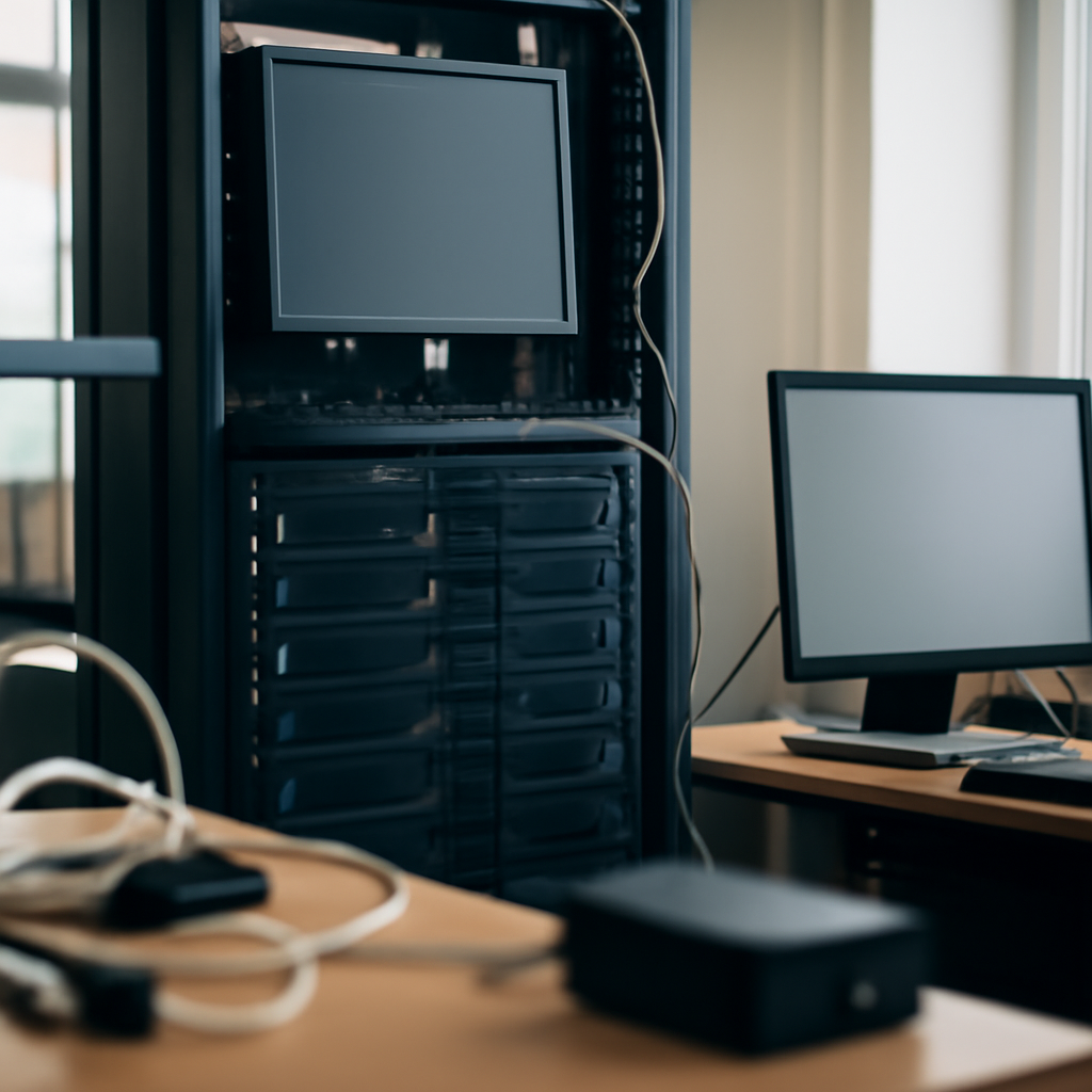 Linux servers and network equipment in a dimly lit room with subtle signs of potential security breach.