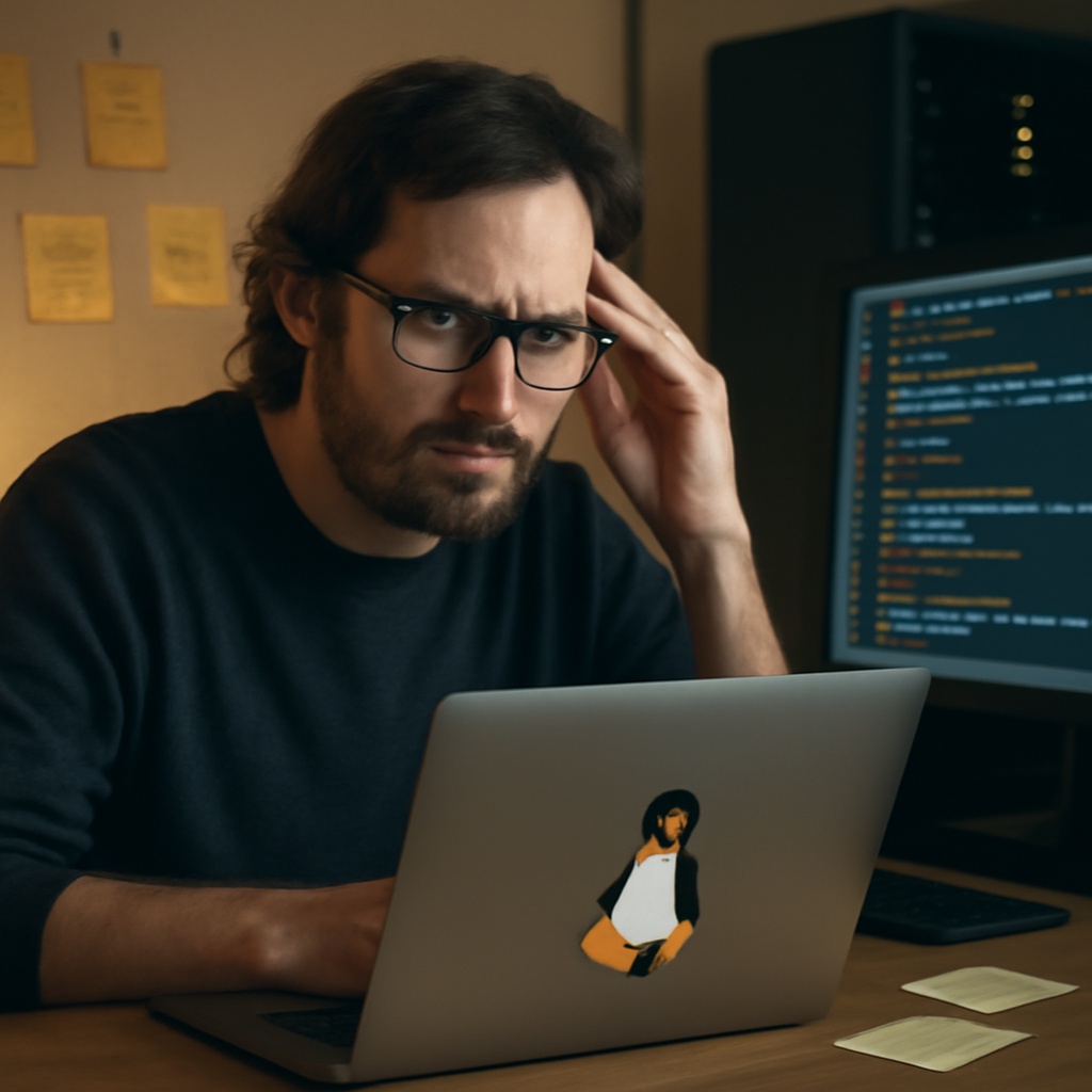 Linux developer in dimly lit workspace looks concerned amidst computer screens and notes.