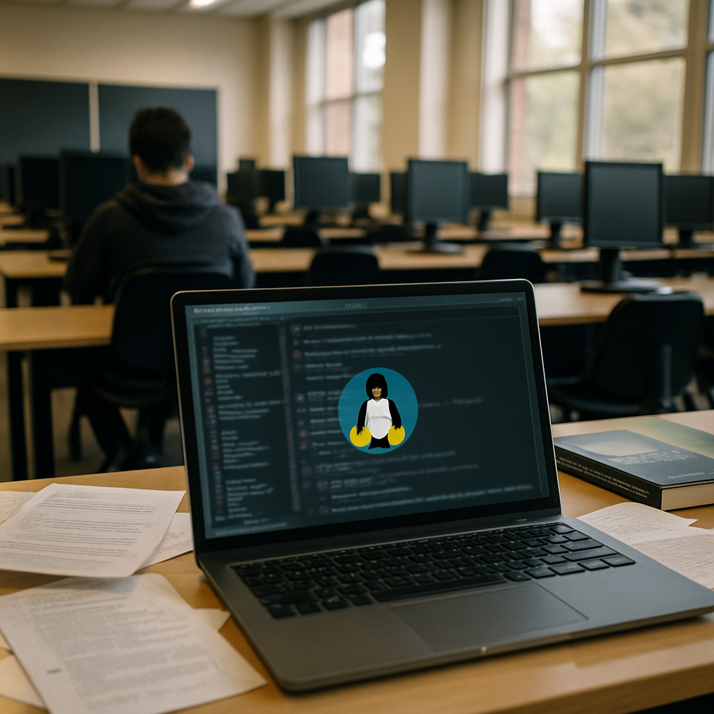 University computer lab with student in background, blurred laptop screen displaying code in foreground.
