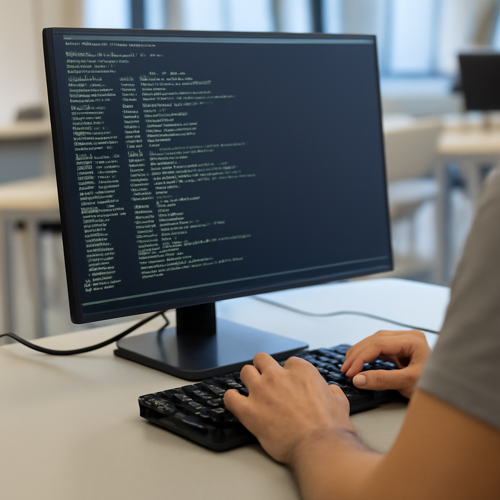 Linux workstation in a modern office setting with natural lighting.