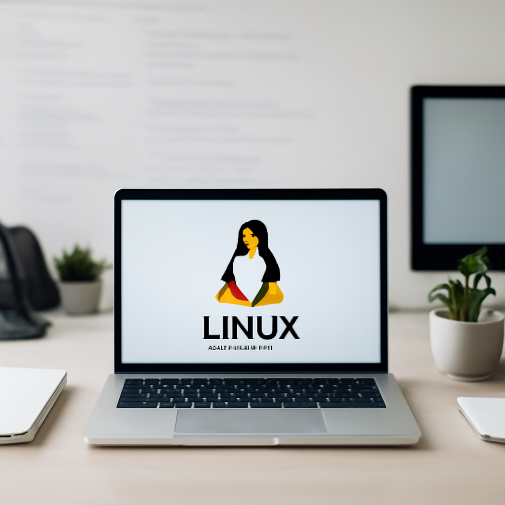 A Linux workstation sits on a plain surface in a clean office setting, surrounded by blurred equipment and code.