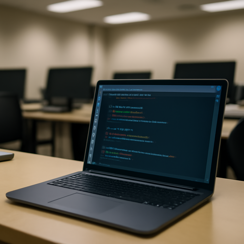 Linux workstation in a dimly lit lab with code on the laptop screen and blurred computer equipment in the background.