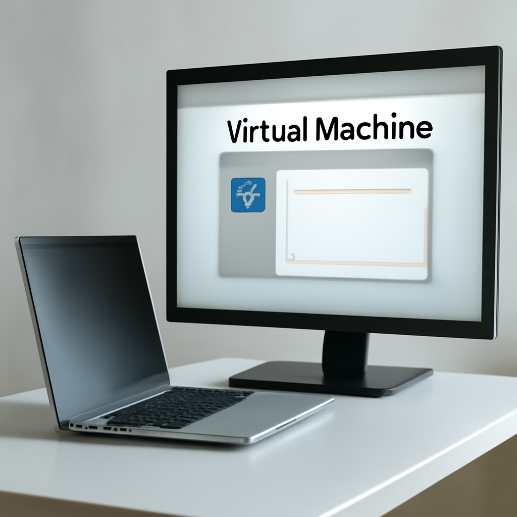 Virtual machine setup on a computer in a well-lit room with a monitor display.