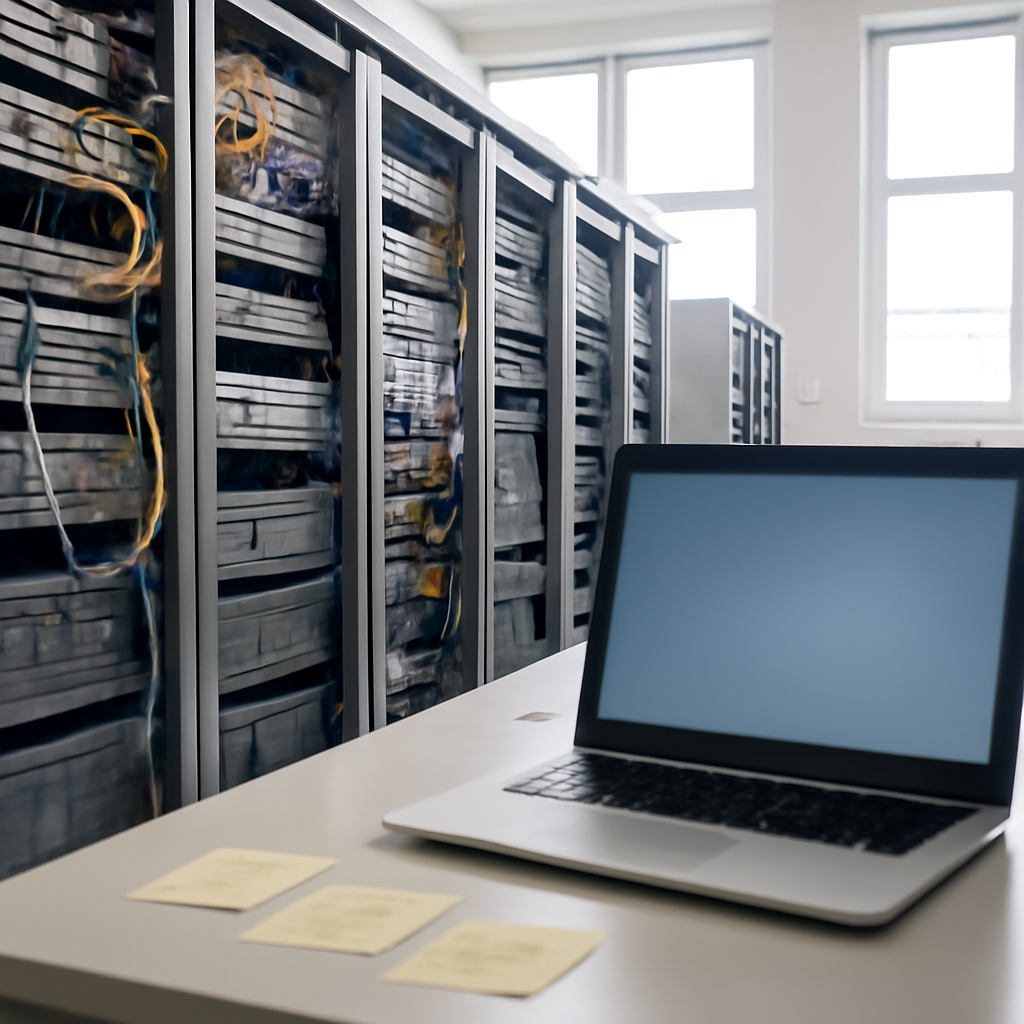 Network operations room with servers, equipment, and cables, with a blurred laptop screen on a technician's workstation.