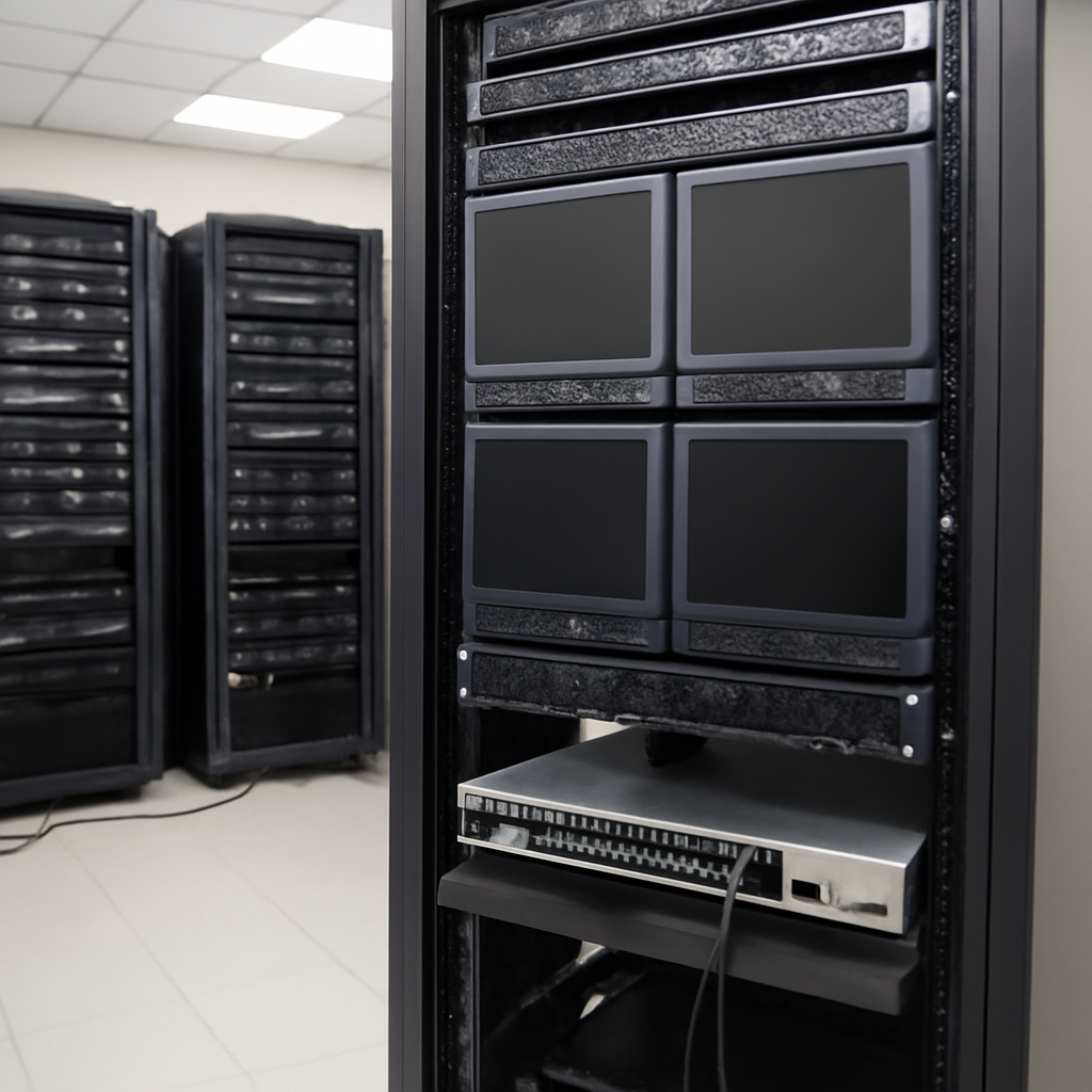 Virtualization server room with focused rack of servers and network equipment.