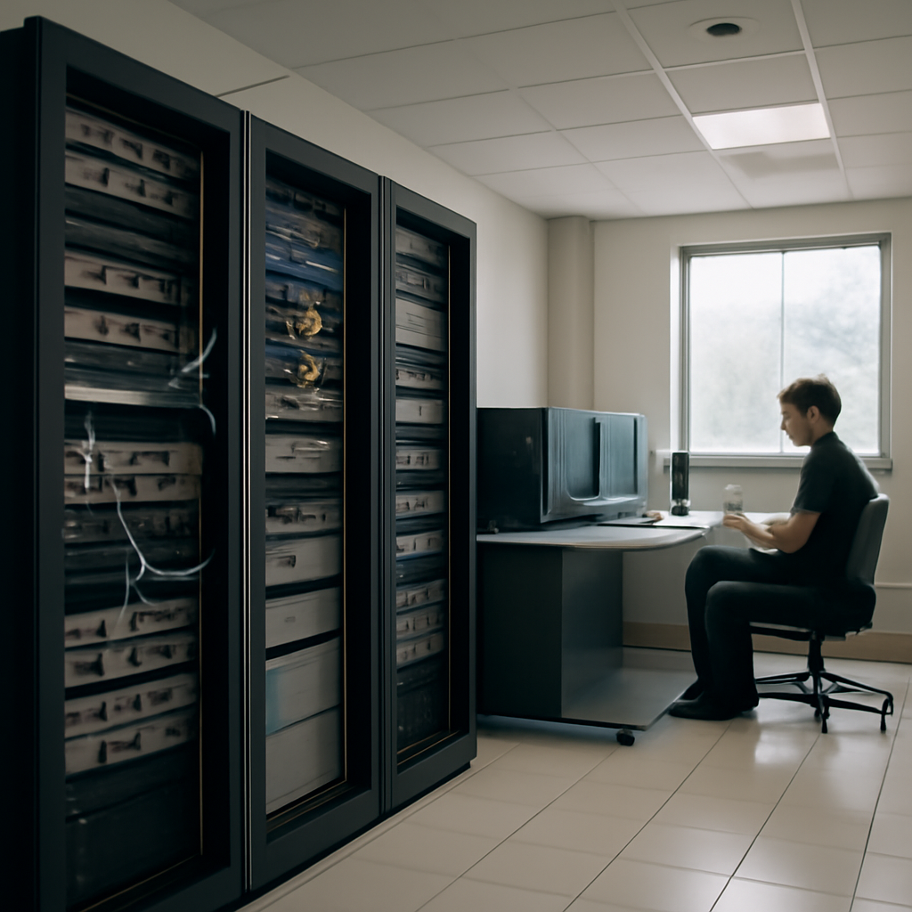 Calm server room interior with computer equipment and network gear under fluorescent lighting.