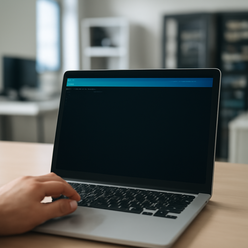 Laptop in office setting with on-screen display and blurred technical equipment background.