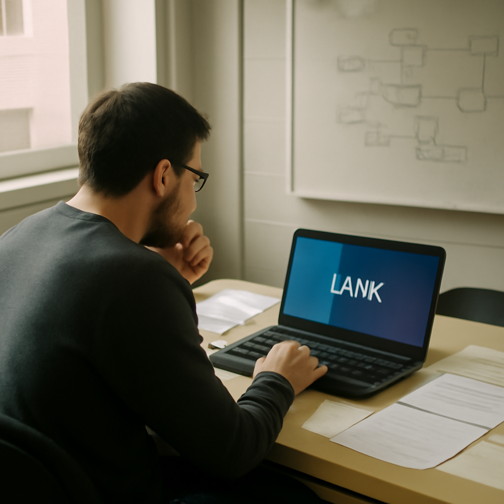 Developer examines laptop in institutional setting amidst papers and notes.