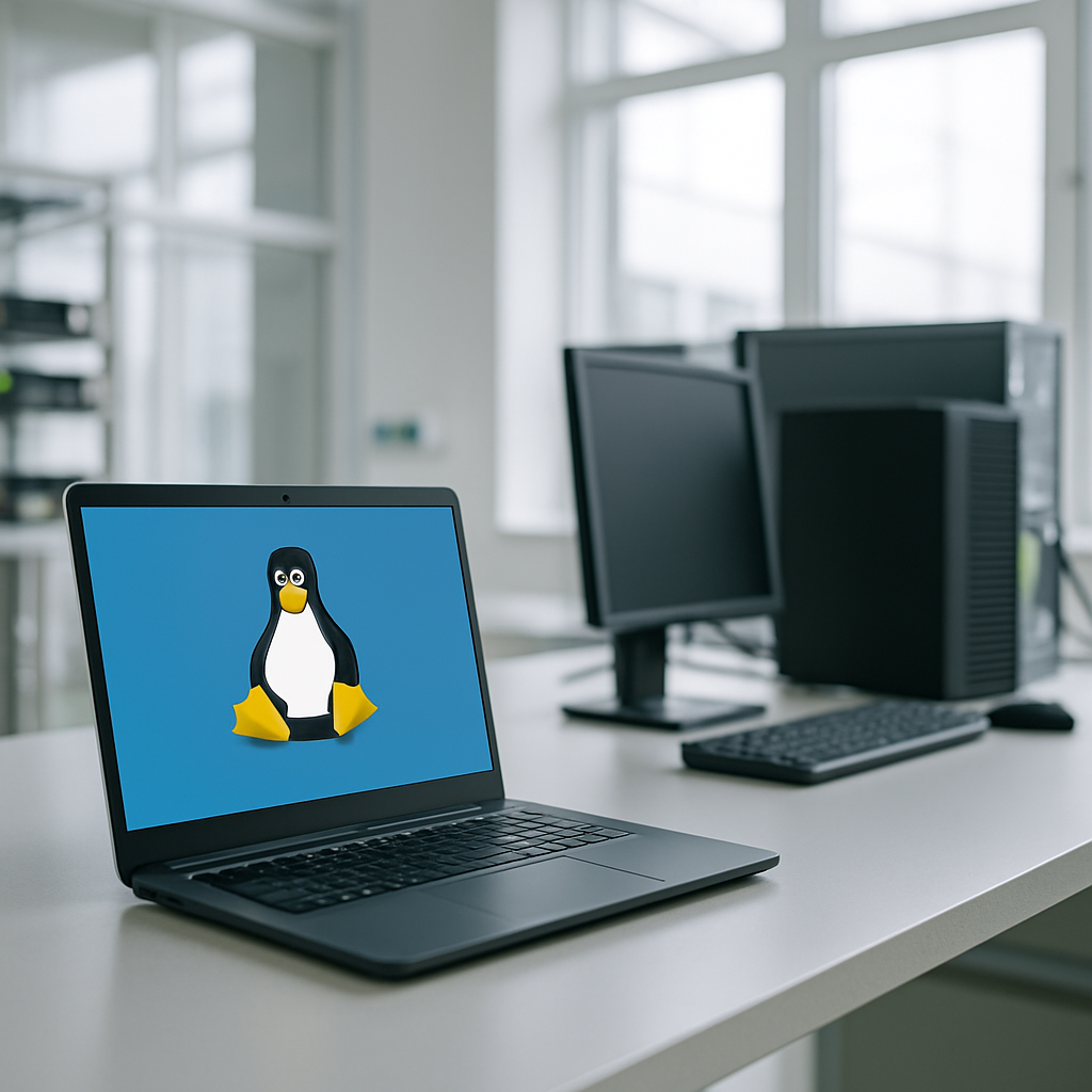 Modern Linux workstation in a clean server room with natural daylight.
