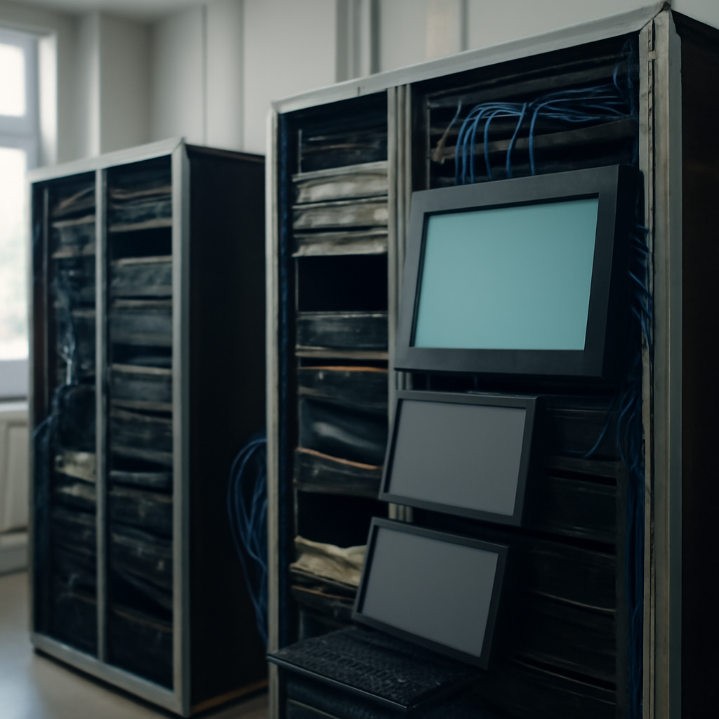 Server room with computer servers, cables, and network equipment in a dimly lit environment.