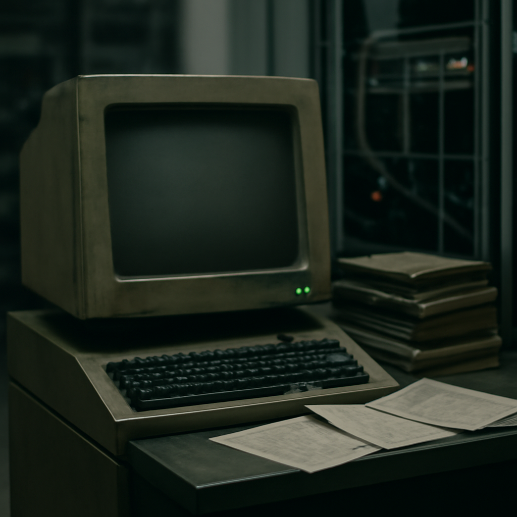 Dimly lit industrial control system with blank, softly glowing screen in a data center setting.