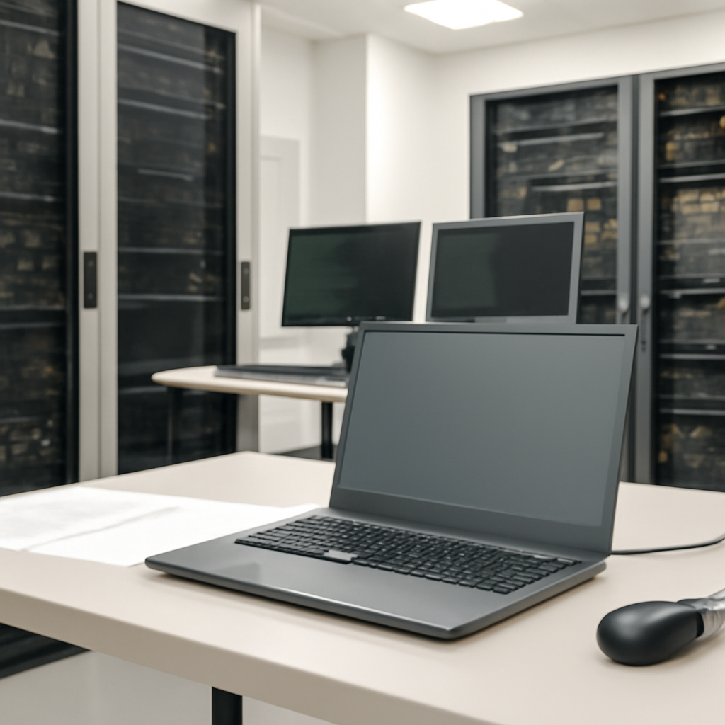 A clean and minimalist computer workstation with a laptop on a plain desk, surrounded by generic technical equipment.