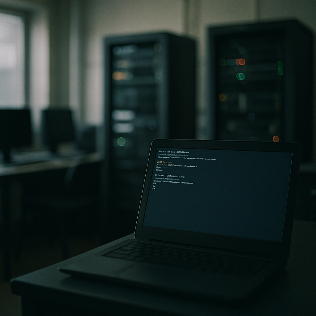 Dimly lit computer server room with equipment and an out-of-focus laptop in the foreground.