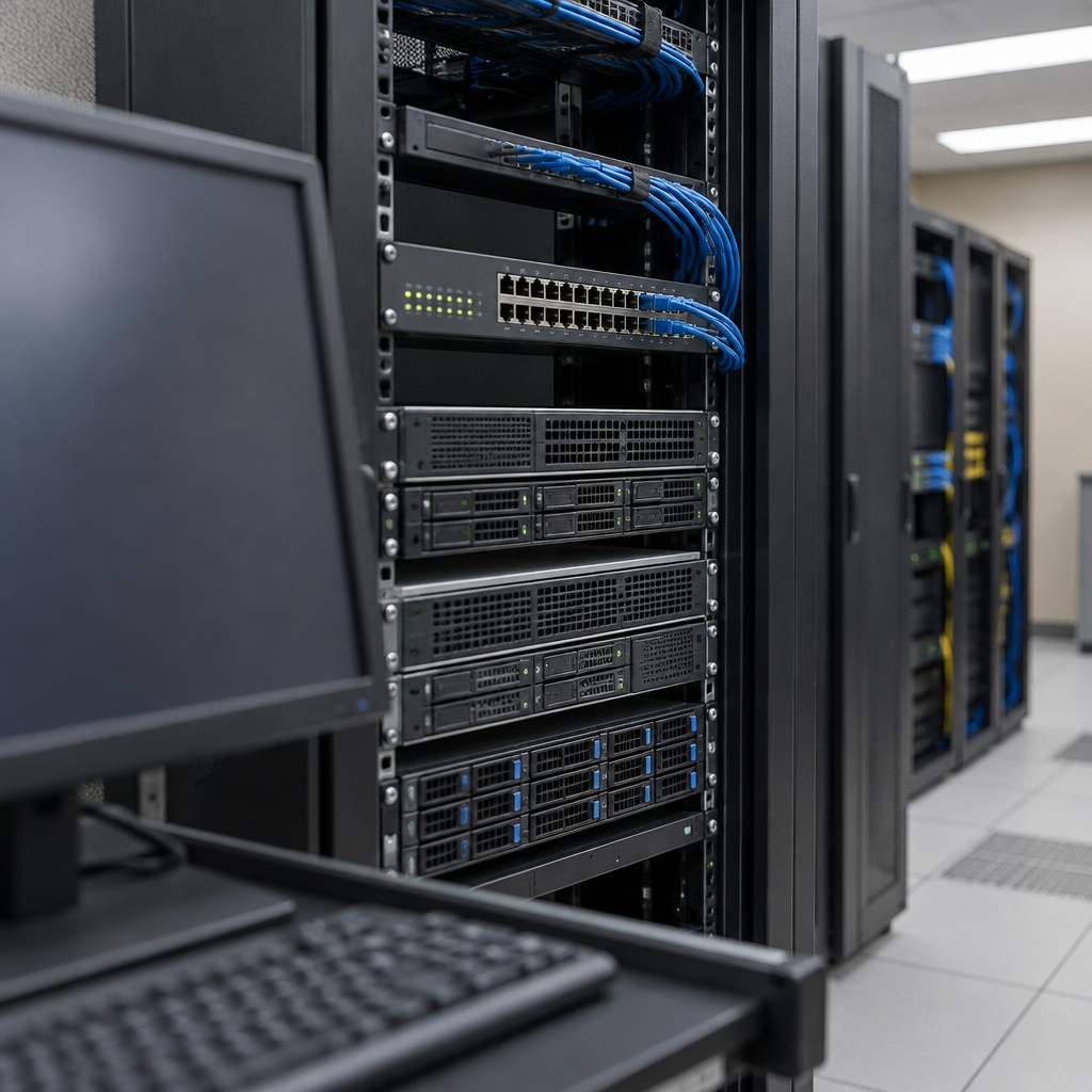 Rows of rack-mounted servers and networking equipment in a neutral server room interior.