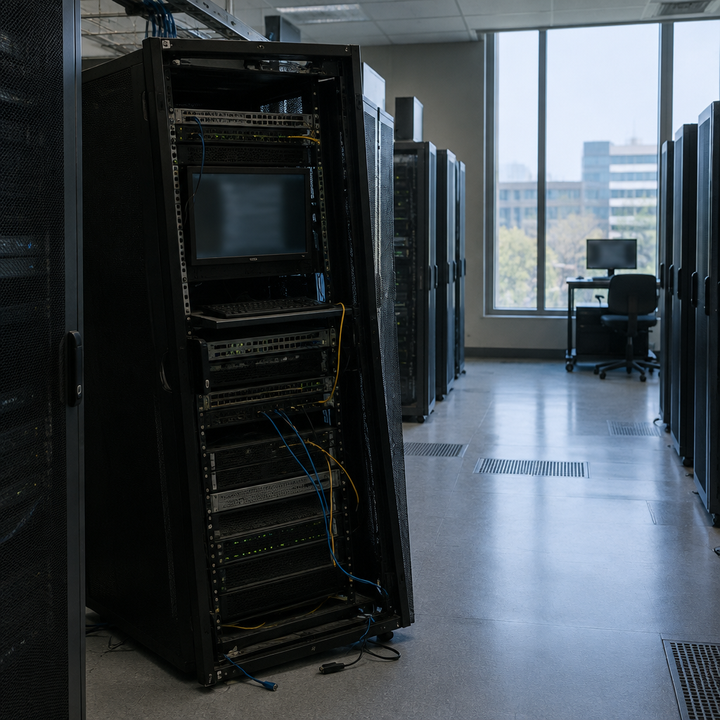 Rows of computer servers and networking equipment in a dimly lit data center.