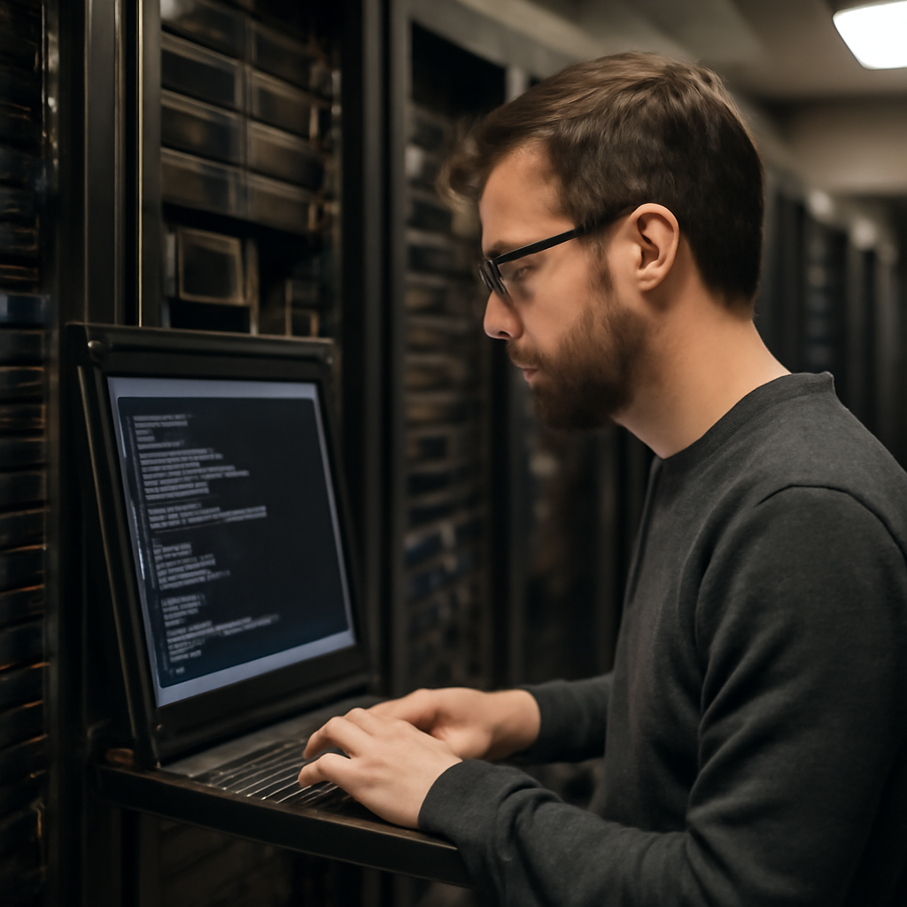 Linux system administrator working in data center with server screen displaying terminal.