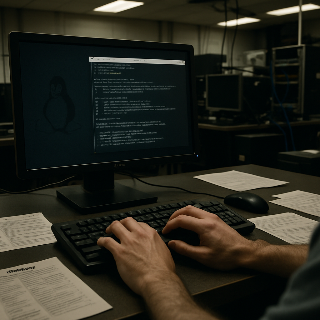 Linux workstation with terminal open in dimly lit lab, surrounded by technical notes.
