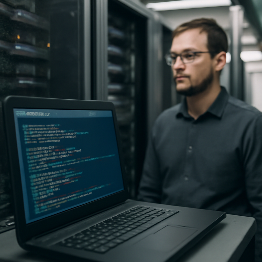 System administrator examines code on laptop screen in data center.