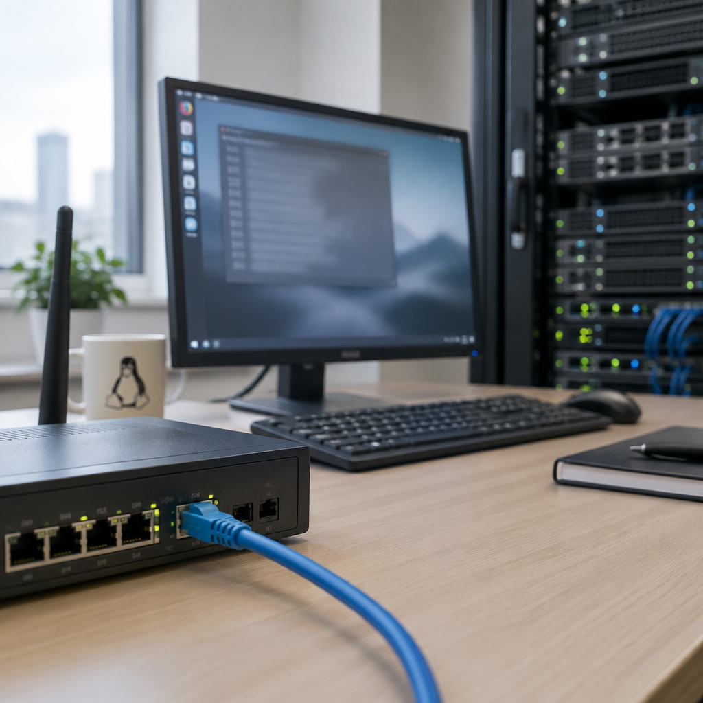 Linux server room with generic computer screen and network cable, conveying vulnerability.