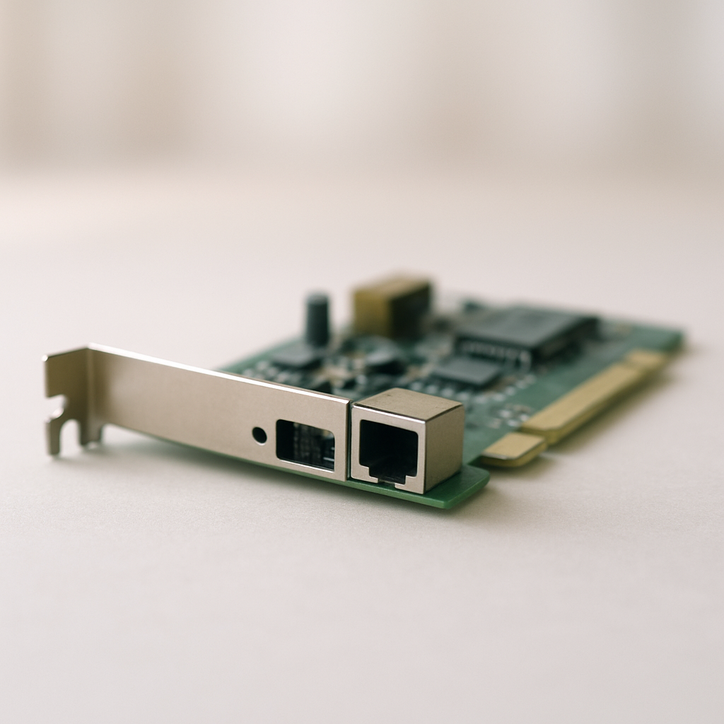Older computer network card centered on a neutral surface with soft ambient light.