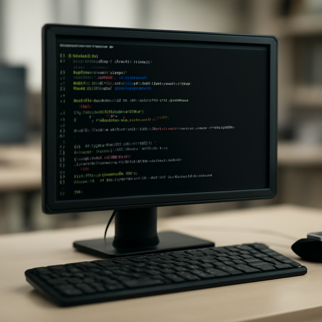 Close-up of Linux workstation with terminal code and peripherals in a software development workspace.