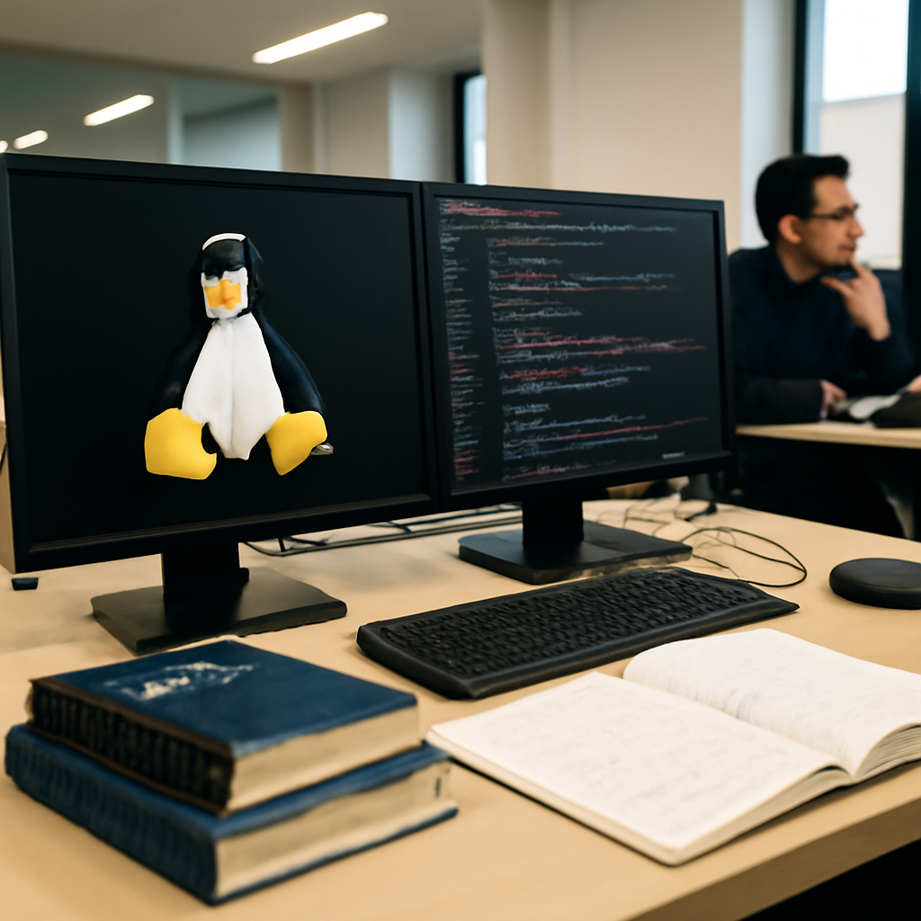 Developer works on multi-monitor Linux workstation in university setting.